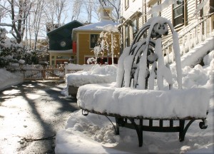 Snowy bench outside art center