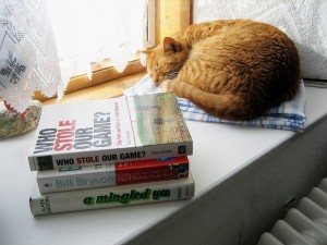 book_club_cat_copyright_lhourahane Cat sleeps near books