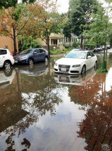 Cars in flood water on Sacramento St.